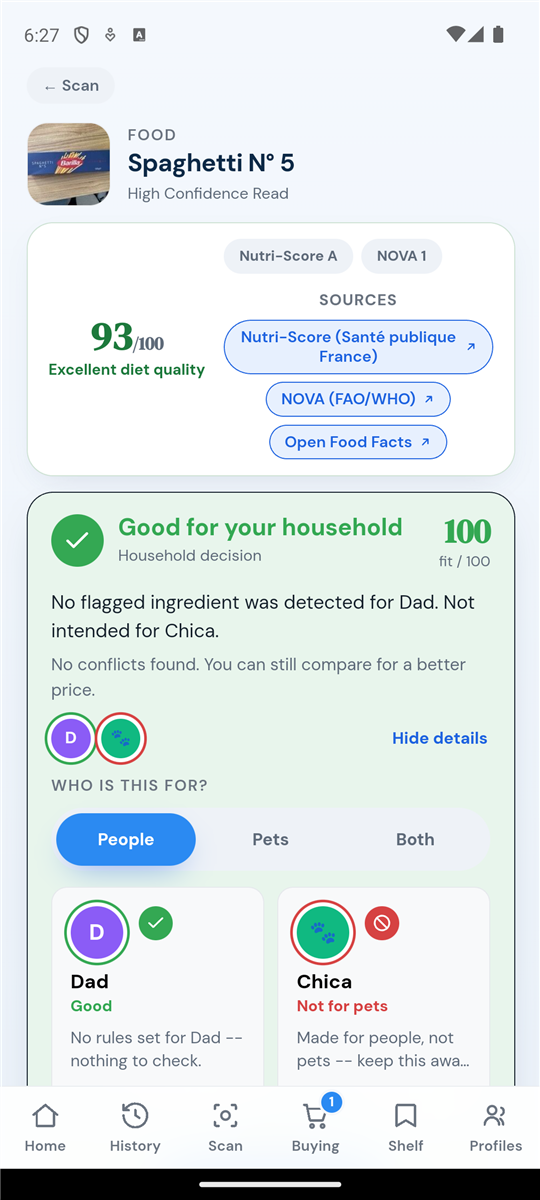 What2Know household verdict expanded: per-member cards showing Good for Dad and Not for pets for Chica, with a People, Pets or Both selector
