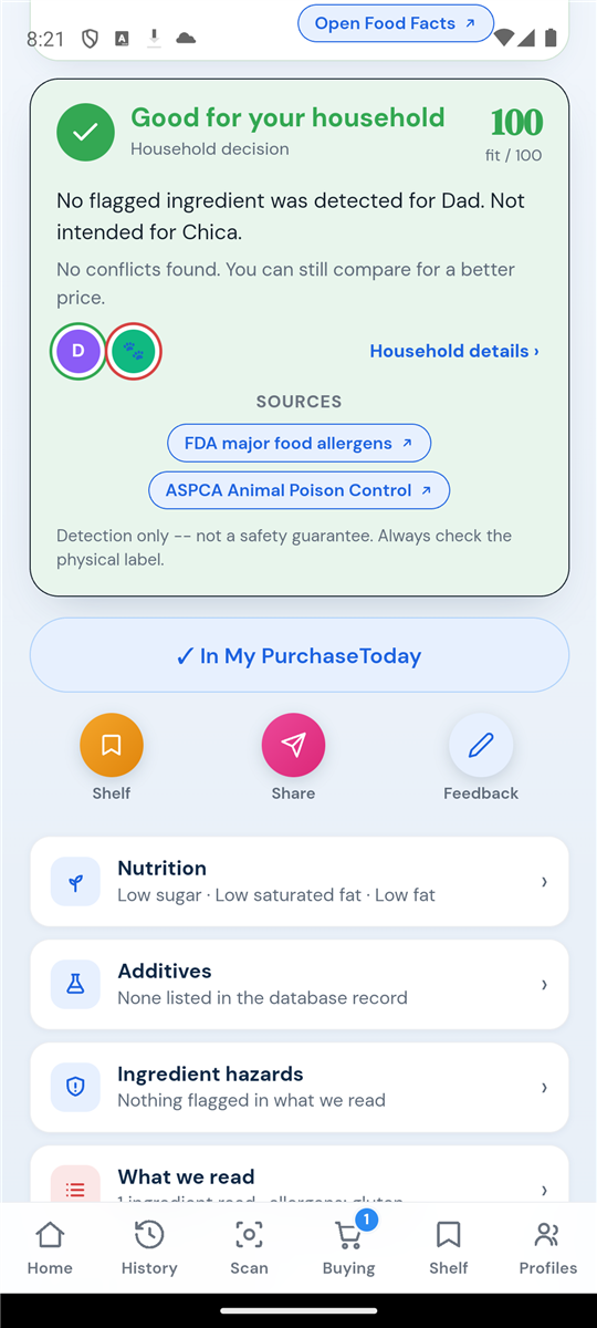 What2Know compact scan summary showing tappable section previews for Nutrition, Additives, Ingredient hazards, and What we read