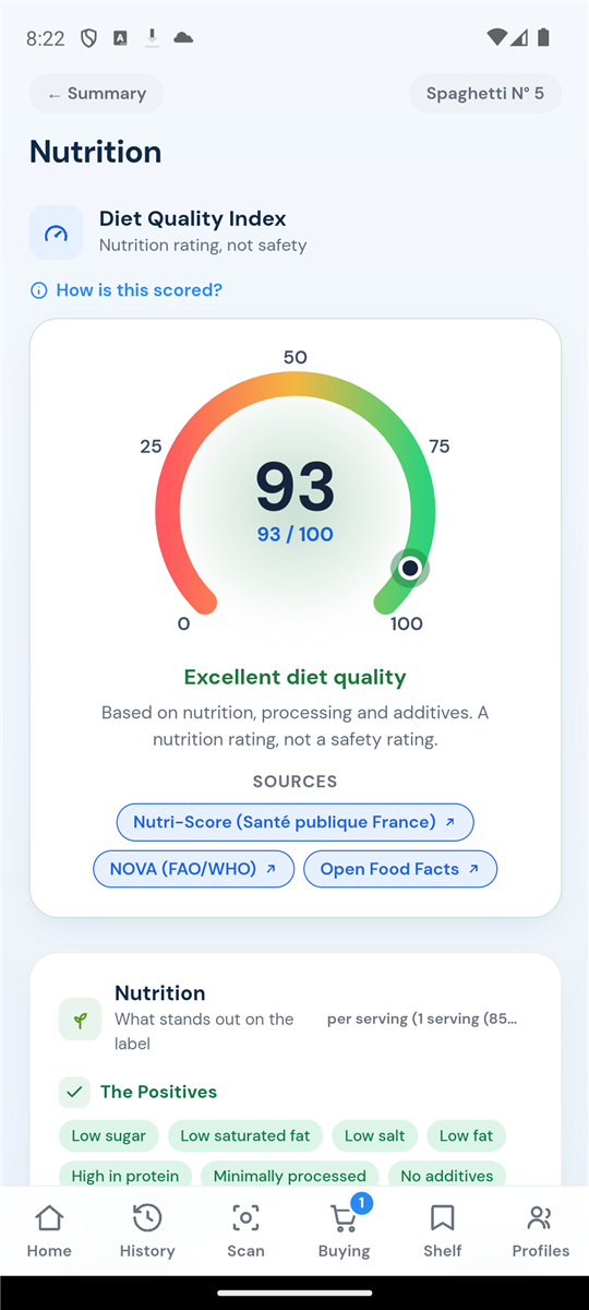 What2Know nested Nutrition screen with the Diet Quality Index gauge and nutrition sources