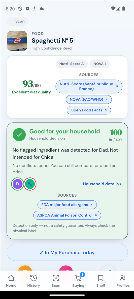 What2Know scan result: Diet Quality 93 out of 100 and a green household verdict with cited sources