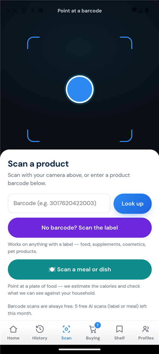 What2Know scan screen: point at a barcode, or scan a label or a meal with AI